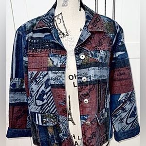 ▪️Chicos Black Marker Graffiti Inspirational Comic Red Blue Jean Denim Jacket L
